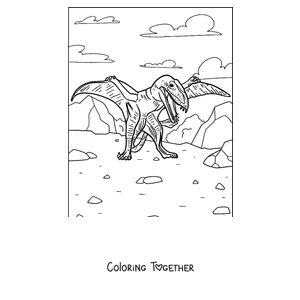 Coloring page of a pterodactyl standing on the ground with its wings open