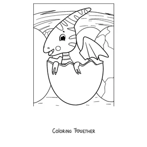 Coloring page of a pterodactyl hatchling coming out of its egg