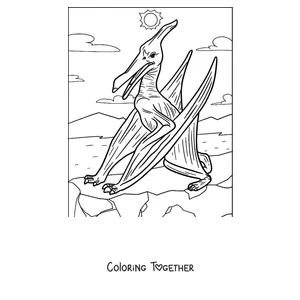 Coloring page of a pterodactyl standing on a cliff
