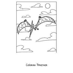 Coloring page of a pterodactyl flying with its wings spread wide
