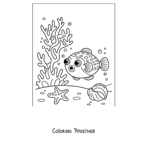 Coloring page of a pufferfish among corals