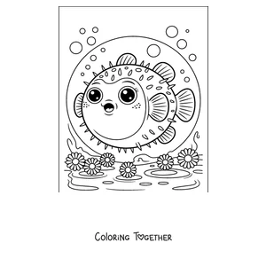 Coloring page of a pufferfish among sea flowers