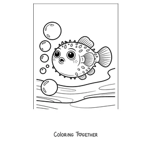 Coloring page of a pufferfish blowing bubbles