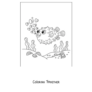 Coloring page of a pufferfish blowing hearts