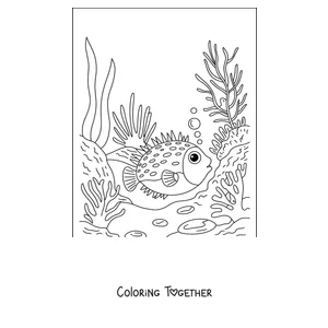 Coloring page of a pufferfish in the coral reef