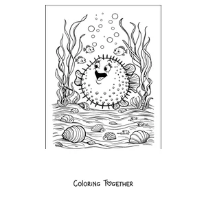 Coloring page of a pufferfish on the seabed