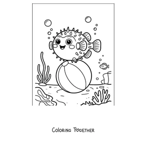 Coloring page of a pufferfish playing with a beach ball