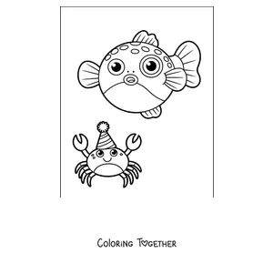 Coloring page of a pufferfish with a crab
