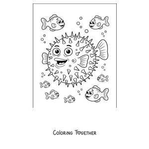 Coloring page of a pufferfish swimming with small fish