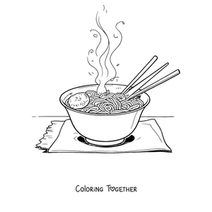 Coloring page of a bowl of ramen with chopsticks and steam