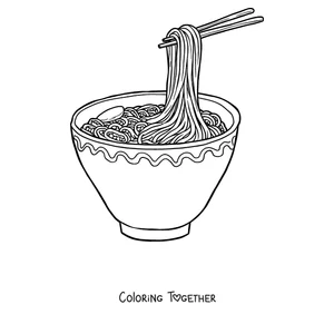 Coloring page of chopsticks lifting noodles from a bowl of ramen