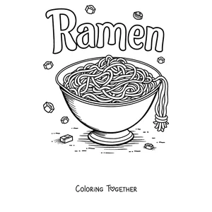 Coloring page with the word Ramen in bubble letters and a bowl of noodles