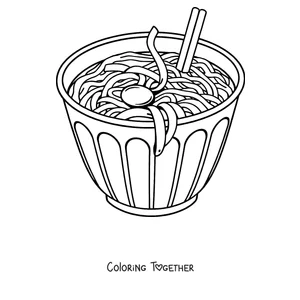 Coloring page of a cup of ramen noodles with a chopstick