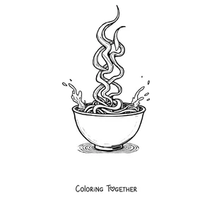 Coloring page of a bowl of ramen with noodles and swirling steam