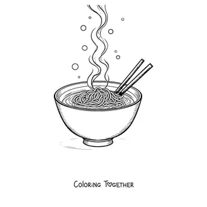 Coloring page of a steaming bowl of ramen with resting chopsticks