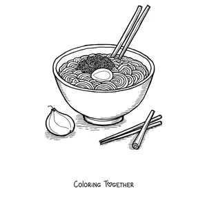Coloring page of a bowl of ramen with egg, noodles and chopsticks