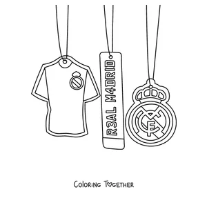 Coloring page of three Real Madrid pendants: a shirt, a tag and the crest