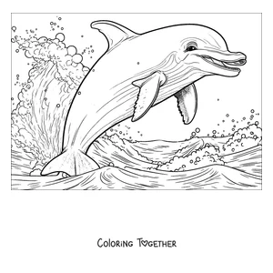 Coloring page of a realistic dolphin leaping among the waves