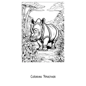 Coloring page of a rhino strolling through the jungle