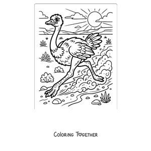 Coloring page of an ostrich running across the desert