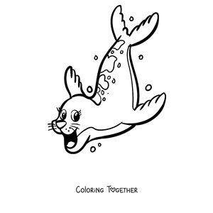 Coloring page of a seal diving among bubbles