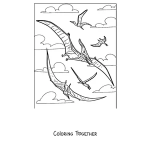 Coloring page of several pterodactyls flying together in the sky