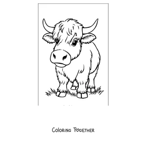 Coloring page of shaggy highland cow with long horns
