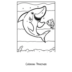 Coloring page of a shark swimming next to a little fish