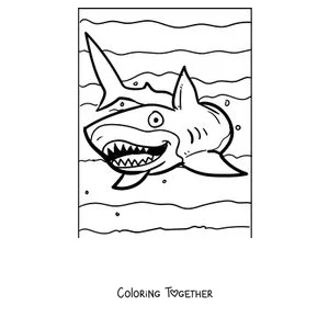 Coloring page of a shark with its mouth wide open and sharp teeth