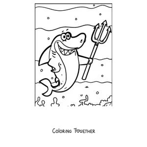 Coloring page of a shark holding a trident like a sea king