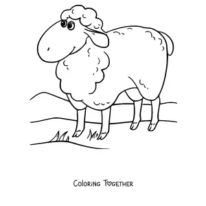 Coloring page of sheep standing on the hill