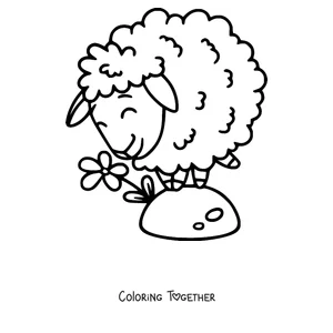 Coloring page of sheep smelling a flower