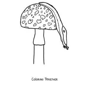Coloring page of a slug draped over a spotted mushroom