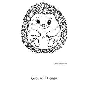 Coloring page of a smiling hedgehog sitting and facing forward