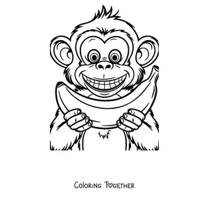 Coloring page of a smiling monkey eating a banana