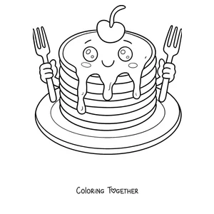 Coloring page of a smiling pancake with a cherry on top