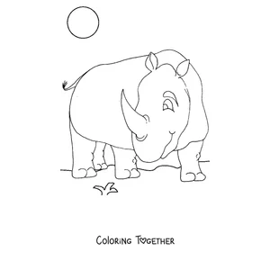 Coloring page of a smiling rhino under the sun