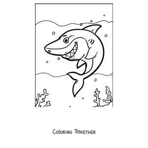 Coloring page of a smiling shark swimming among bubbles
