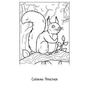 Coloring page of a smiling squirrel sitting on a branch
