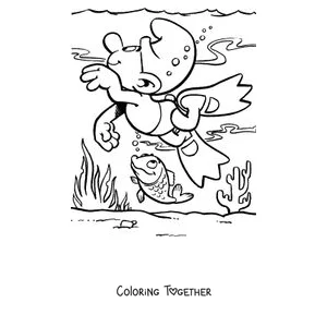 Coloring page of a Smurf diving among the fish