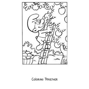 Coloring page of a Smurf picking apples on a ladder