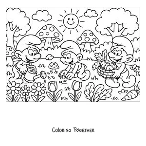 Coloring page of three Smurfs working in the garden