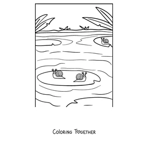 Coloring page of a snail beside a pond with lily pads