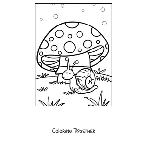 Coloring page of a snail under a mushroom