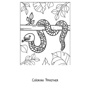 Coloring page of a snake coiled on a branch