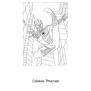 Coloring page of Spider-Man climbing between two very tall skyscrapers