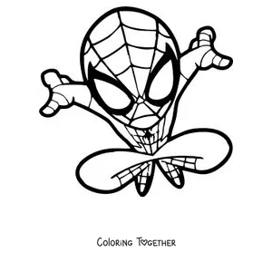 Coloring page of a chibi Spider-Man jumping happily
