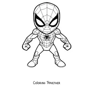 Coloring page of a cute little Spider-Man standing in his suit