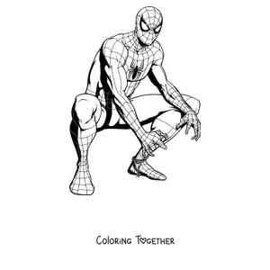 Coloring page of Spider-Man crouching in a superhero pose