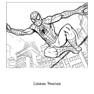 Coloring page of Spider-Man leaping with his arms wide between the buildings